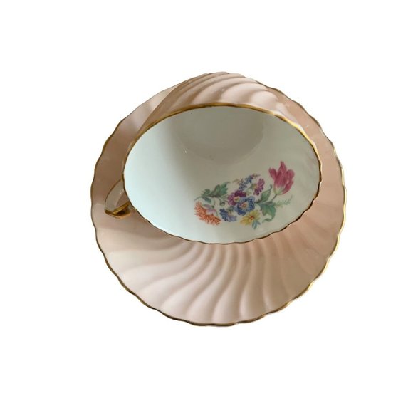 AYNSLEY ENGLAND PASTEL LIGHT PINK SWIRL TEA CUP SAUCER SET FLORAL GOLD RIM #1 Gd - Picture 8 of 13